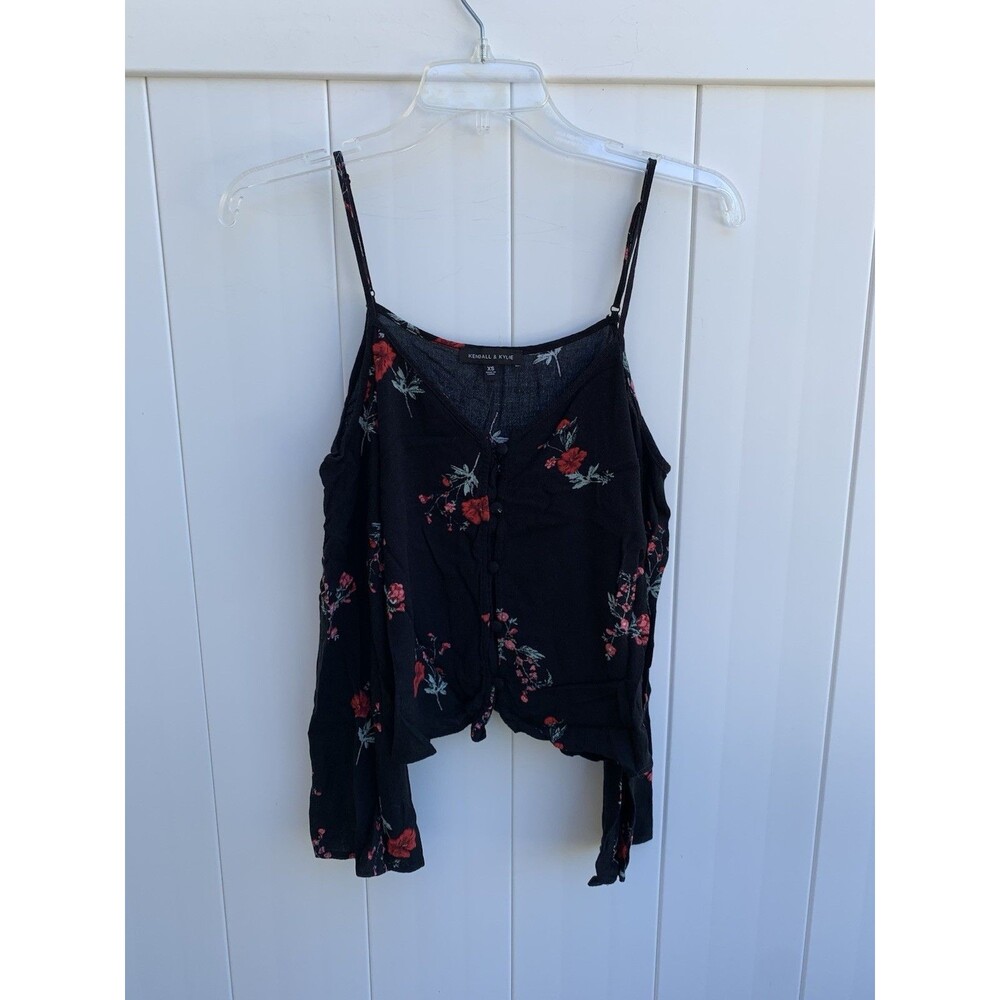 Kendall & Kylie Womens Cold Shoulder Floral Cropped Blouse Button Up Sz XS